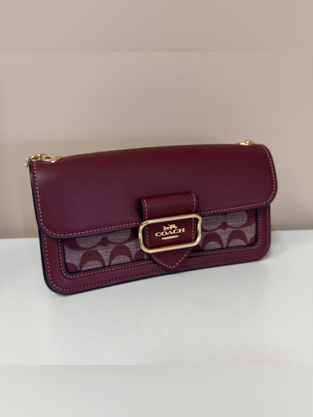 Coach Burgundy Signature Flap Crossbody with Gold Hardware